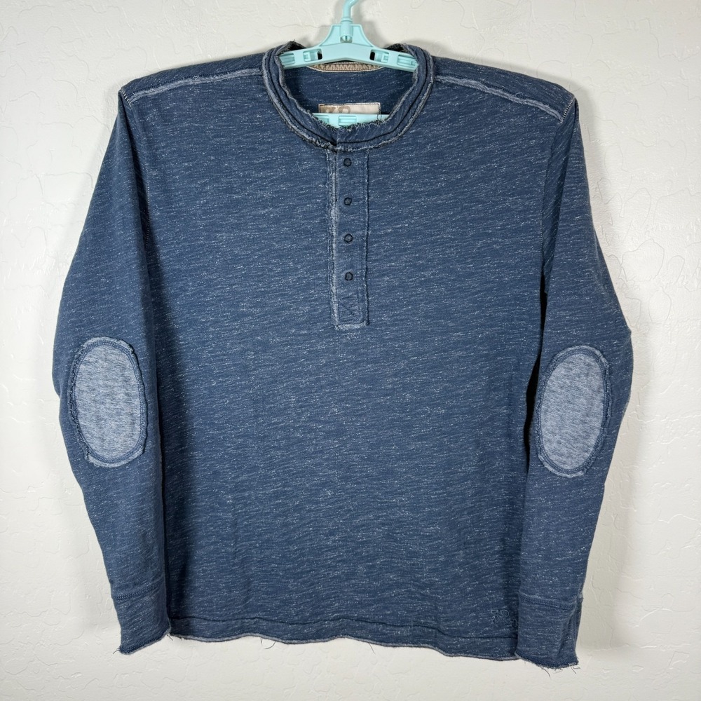 32 Bar Blues‎ Shirt Henley Mens Medium Blue Elbow Patches Long Sleeve Casual